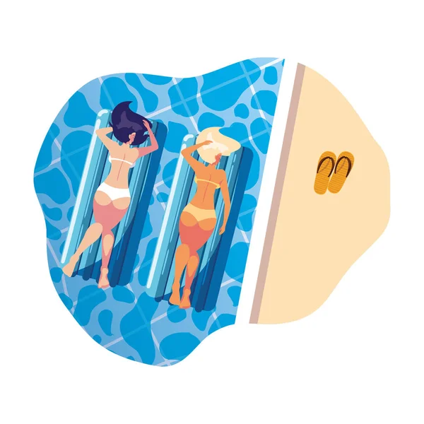 Meninas bonitas com colchão flutuante flutuando na piscina — Vetor de Stock