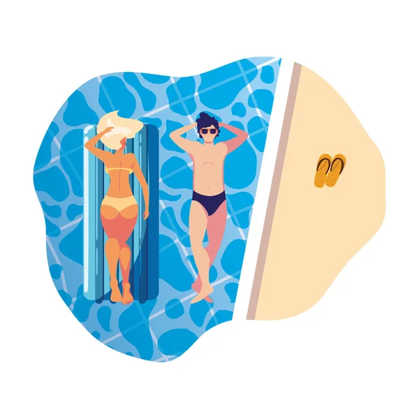 Pareja joven con colchón de flotador en la piscina — Archivo Imágenes Vectoriales
