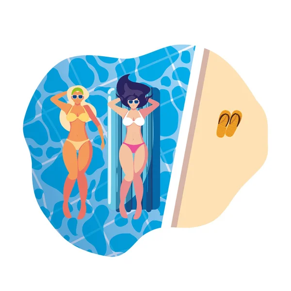 Hermosas chicas con colchón flotante flotando en la piscina — Vector de stock