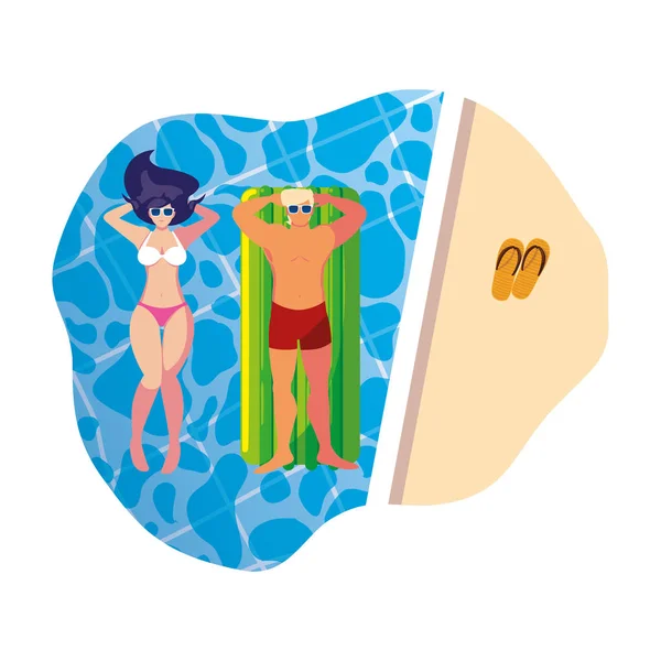 Junges Paar mit Schwimmermatratze im Pool — Stockvektor