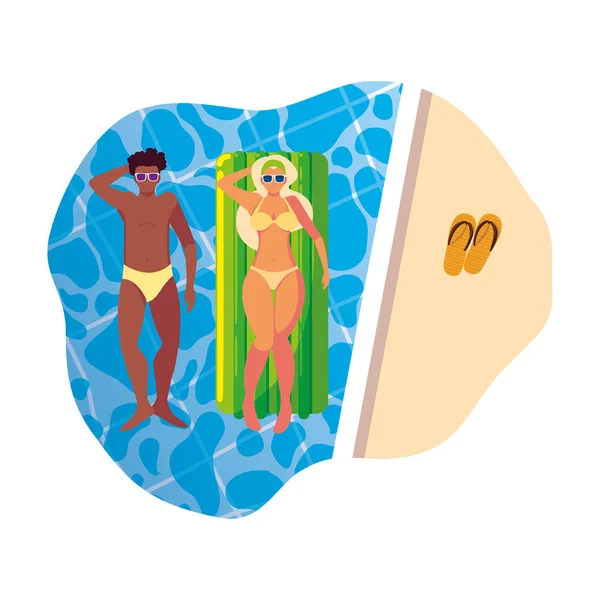 Interracial par med flottör madrass i vatten — Stock vektor