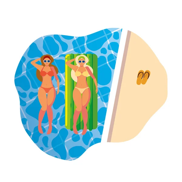 Mooie meisjes met float matras zweven in zwembad — Stockvector