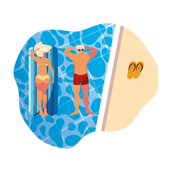 Mladý pár s plovoucí matrací ve bazénu — Stockový vektor