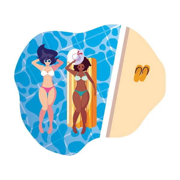 Hermosas chicas interracial con colchón de flotador en el agua — Vector de stock