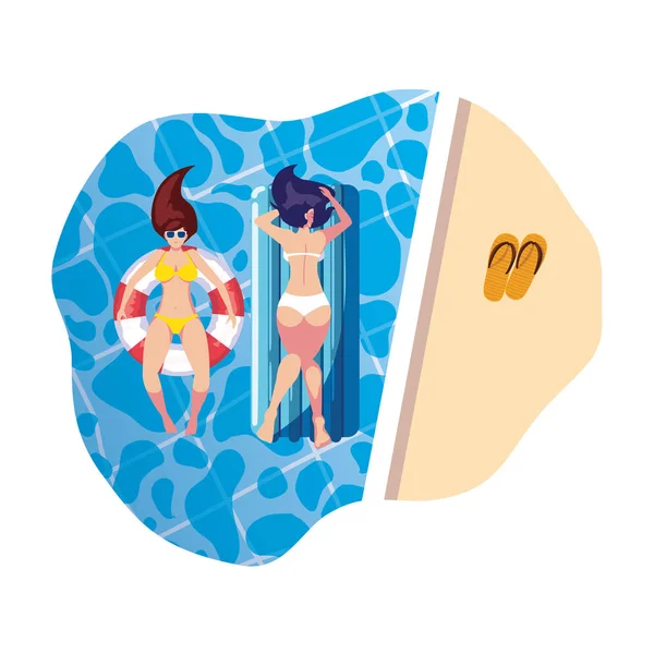 Chicas con traje de baño en salvavidas y colchón flota en la piscina — Archivo Imágenes Vectoriales