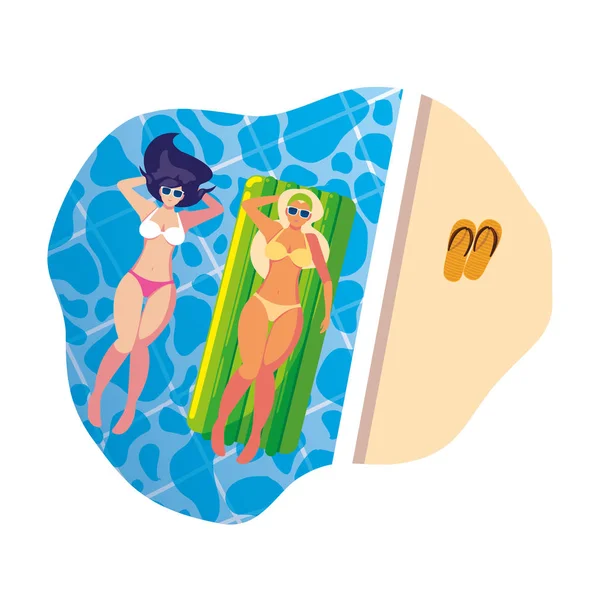 Hermosas chicas con colchón flotante flotando en la piscina — Archivo Imágenes Vectoriales