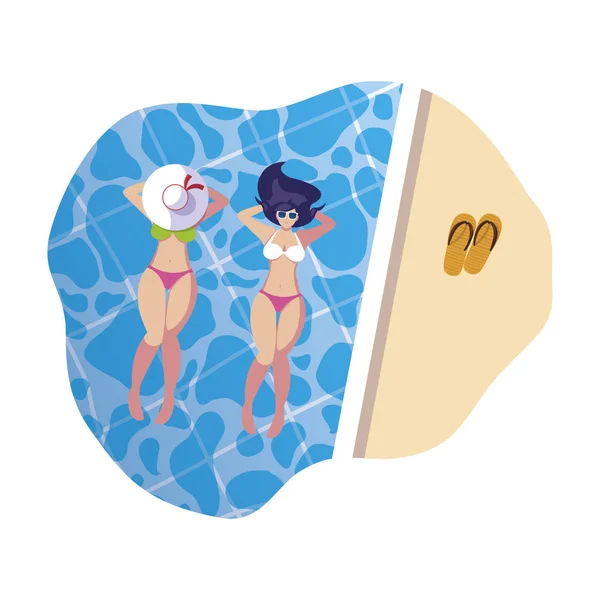 美丽的女孩夫妇与泳衣漂浮在水中 — 图库矢量图片