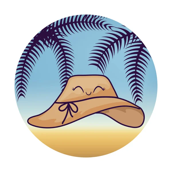 Chapeau kawaii femelle avec palmier tropical dans le cadre — Image vectorielle