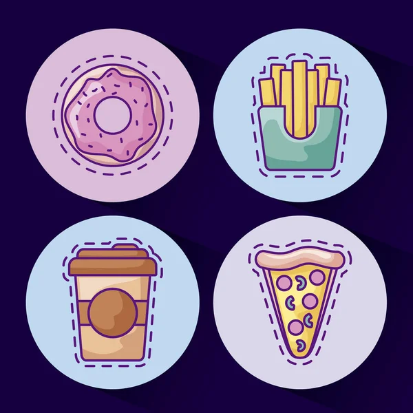 Conjunto de parches con deliciosa comida e iconos — Vector de stock