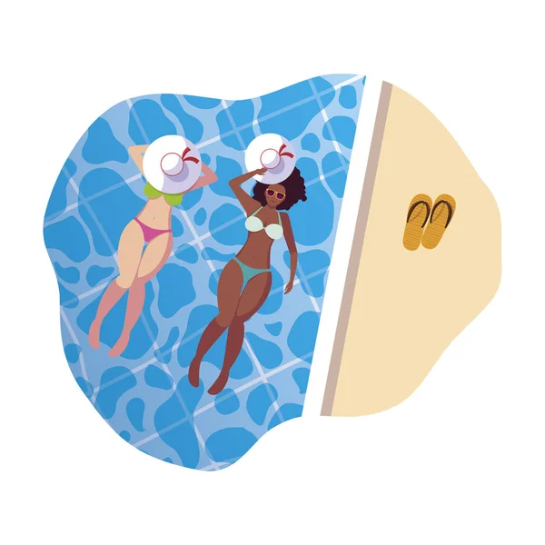 Interracial girls couple with swimsuits floating in water — Stock Vector