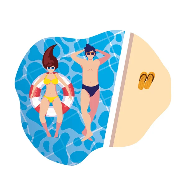 Junges Paar im Badeanzug und schwimmt im Wasser — Stockvektor