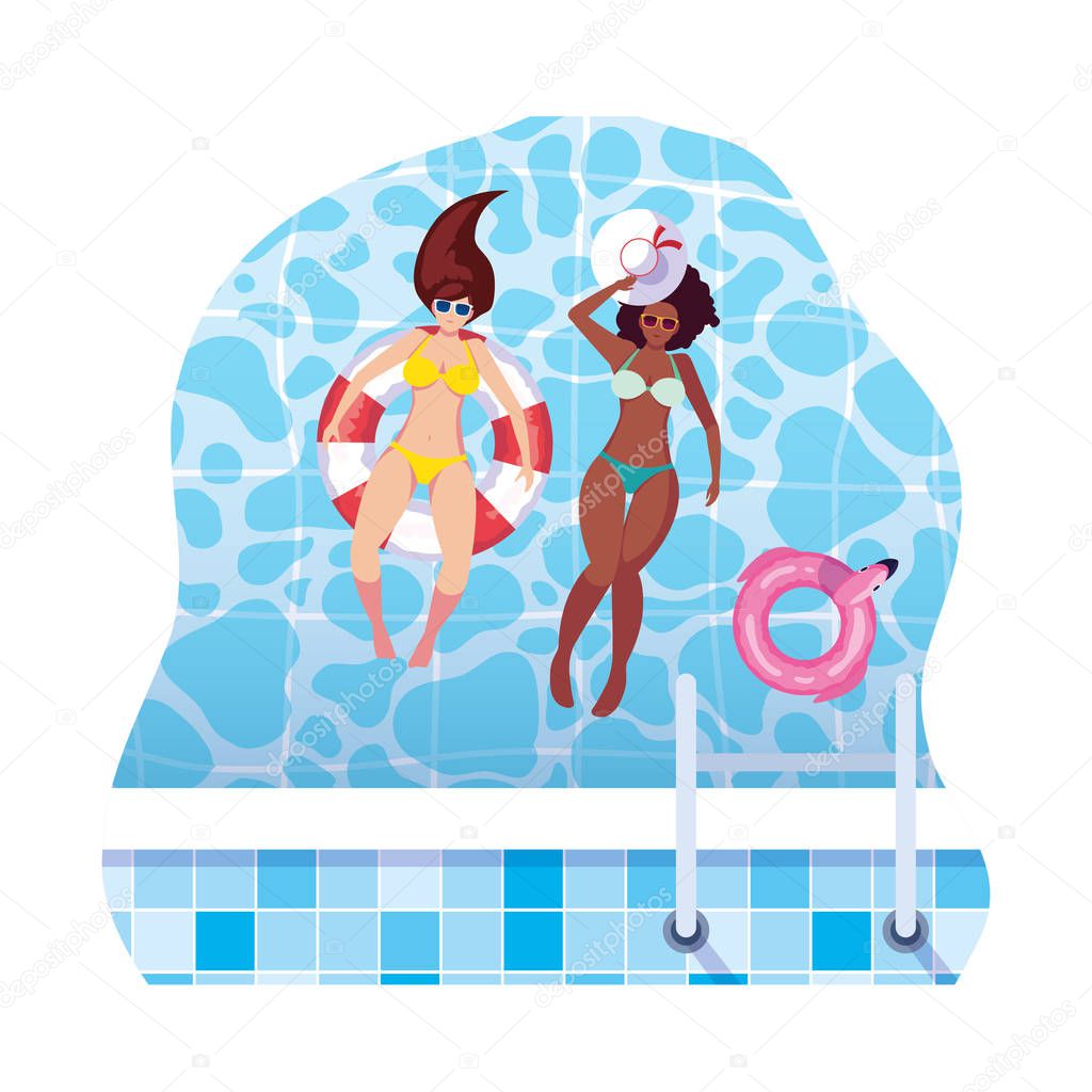 interracial girls with swimsuit and lifeguard float in water