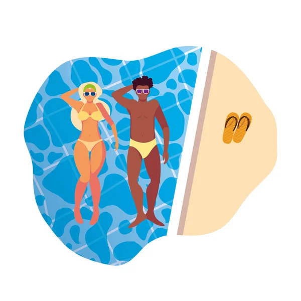 Couple interracial avec maillot de bain flottant dans l'eau — Image vectorielle