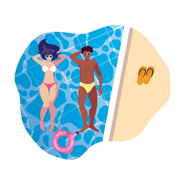 Pareja interracial con traje de baño flotando en el agua — Archivo Imágenes Vectoriales
