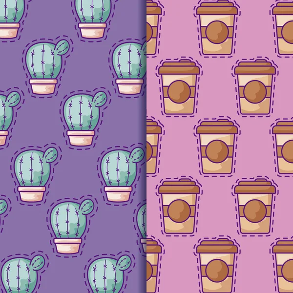 Motif de patchs avec café et cactus en pot plante — Image vectorielle