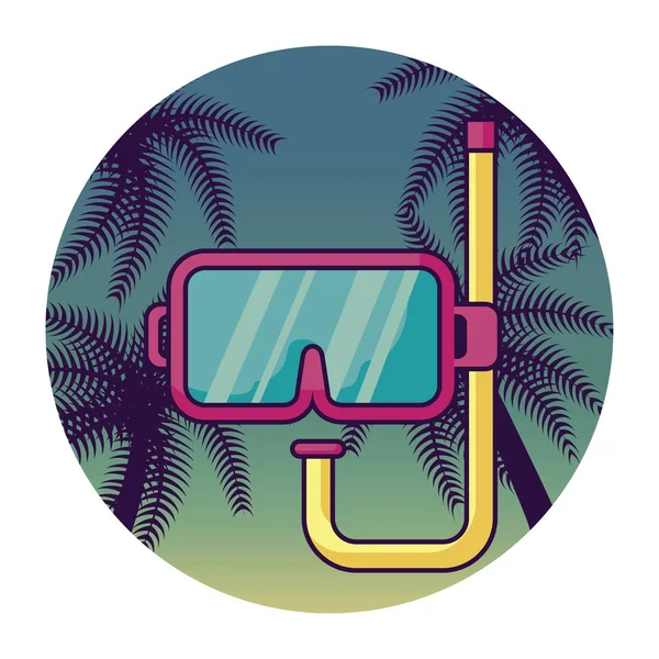 Équipement de plongée avec tuba et palmier tropical dans le cadre — Image vectorielle