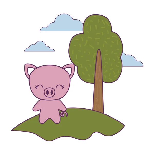 Cute piggy animal in landscape natural — Stock Vector