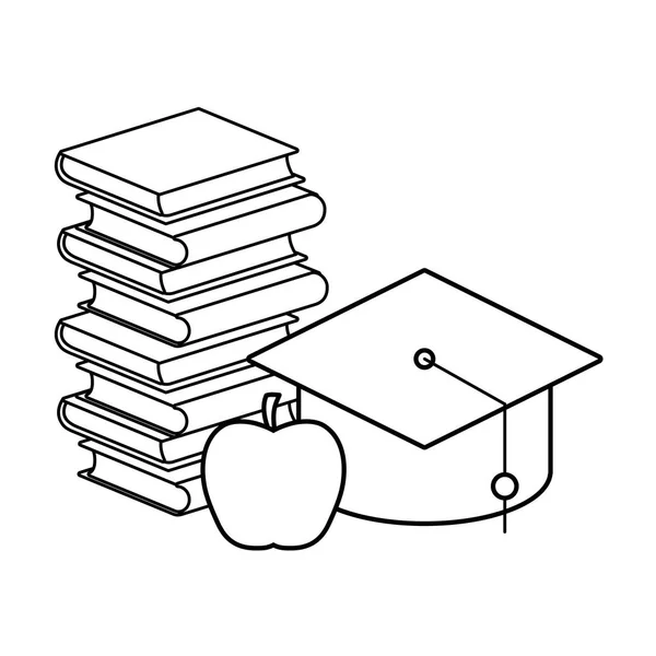 Pilha de livros didáticos com formatura de maçã e chapéu — Vetor de Stock
