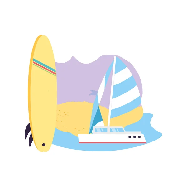 Équipement de planche de surf sport à la plage avec voilier — Image vectorielle
