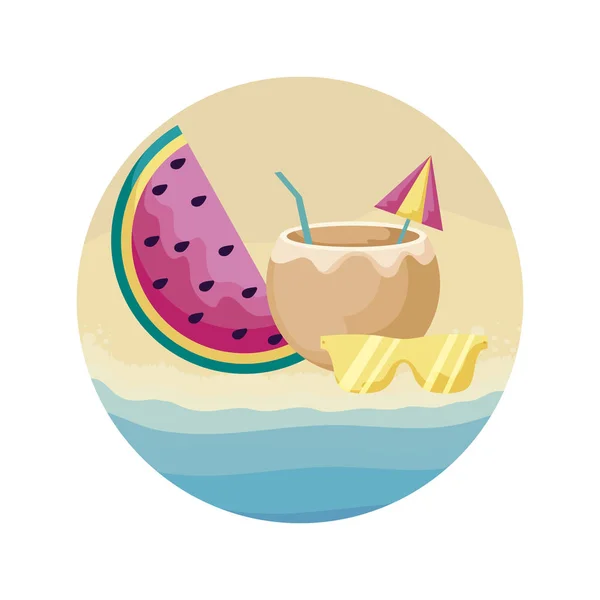 Cocktail of coconut with watermelon and sunglasses in beach — Stock Vector