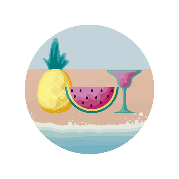 Plajda karpuz ve kokteyl fincan ile ananas — Stok Vektör