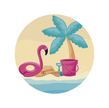 palmiye tropikal ve plajda simgeler tatil ile float flaman