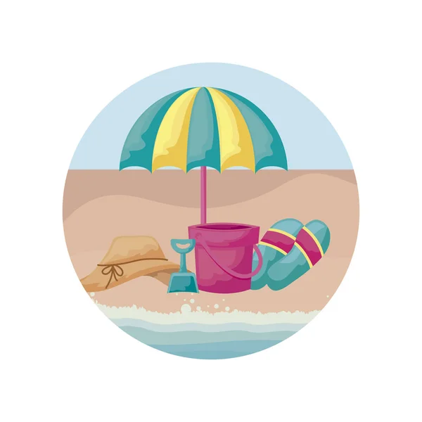 Sombrero femenino con sombrilla e iconos de vacaciones en la playa — Vector de stock