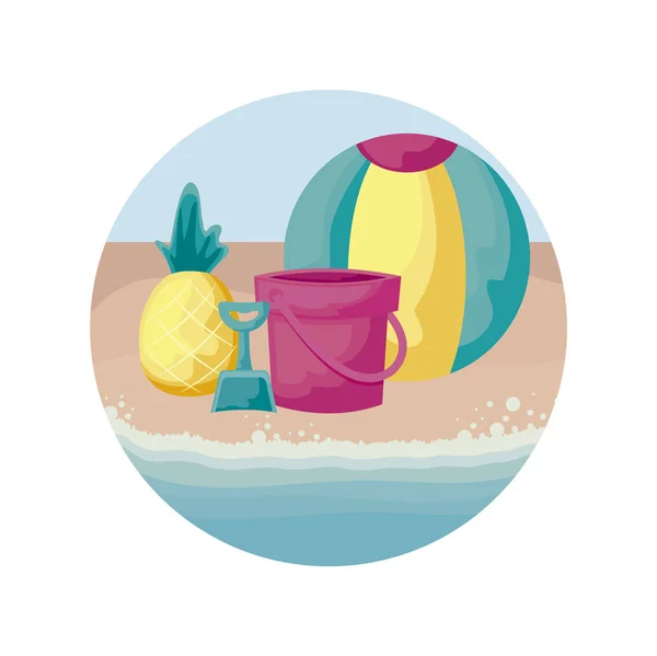 Fresh pineapple with ball and bucket in beach — Stock Vector