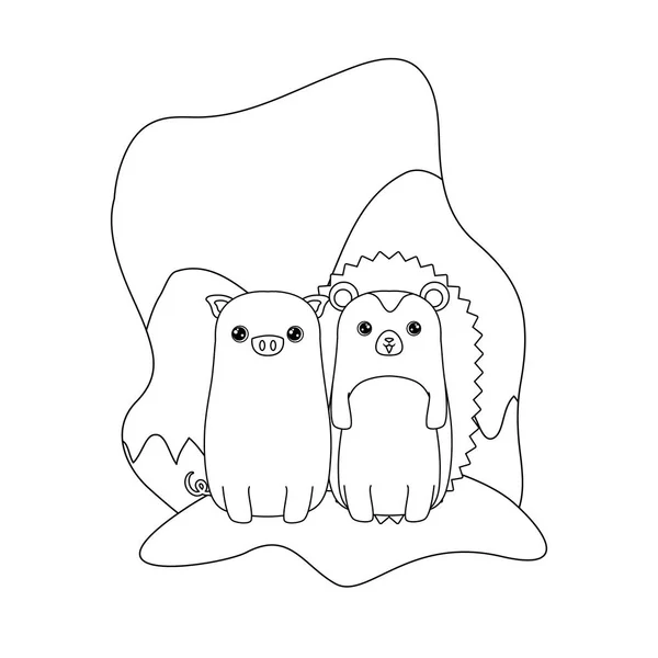 Słodkie Piggy z Porcupine zwierząt na białym tle ikona — Wektor stockowy