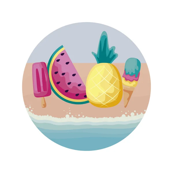 Pineapple with watermelon and ice creams in beach — Stock Vector