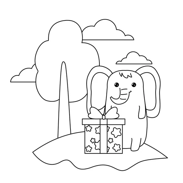 Animal elefante lindo con caja de regalo en el paisaje — Vector de stock