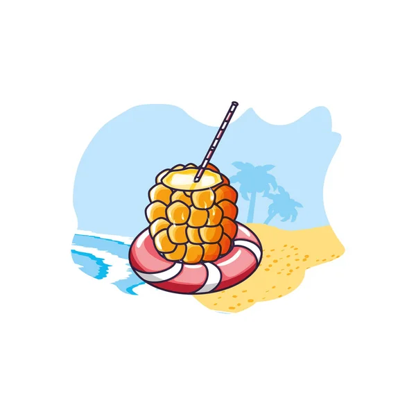 Cocktail d'ananas avec flotteur à la plage — Image vectorielle