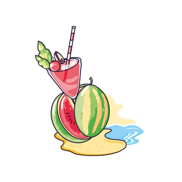 Gesunde Wassermelonenfrüchte am Strand mit Cocktail — Stockvektor