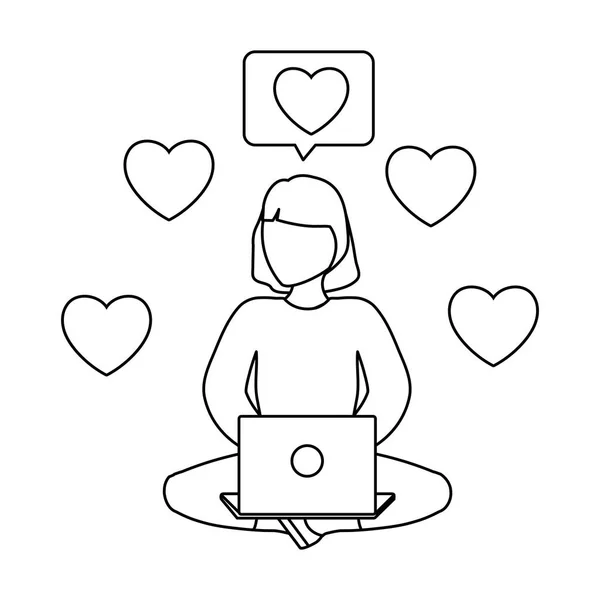 Woman seated using laptop computer with hearts — 스톡 벡터