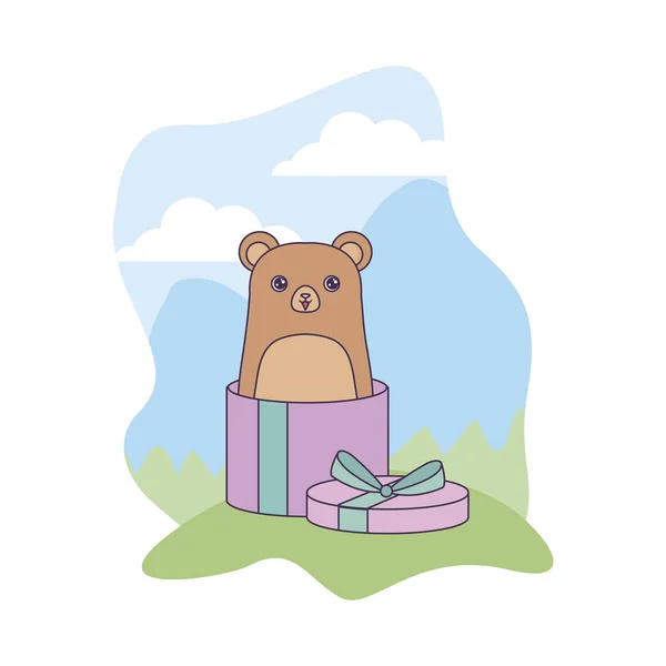 Simpatico orso animale in confezione regalo in paesaggio — Vettoriale Stock