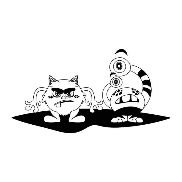 Divertidos monstruos pareja personajes cómicos monocromo — Vector de stock