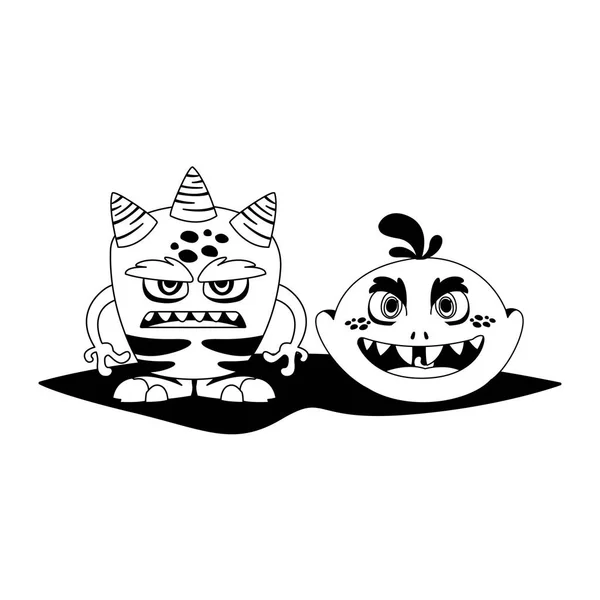 Divertidos monstruos pareja personajes cómicos monocromo — Vector de stock