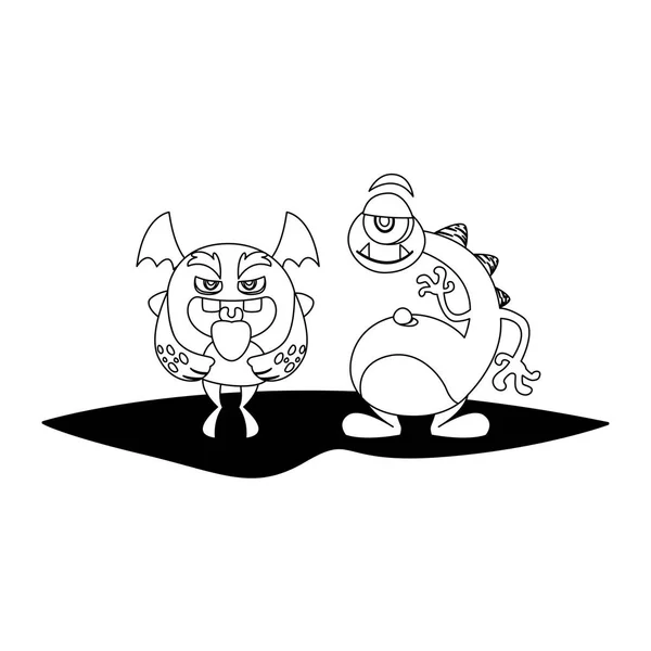 Roliga monster par komiska karaktärer svartvitt — Stock vektor