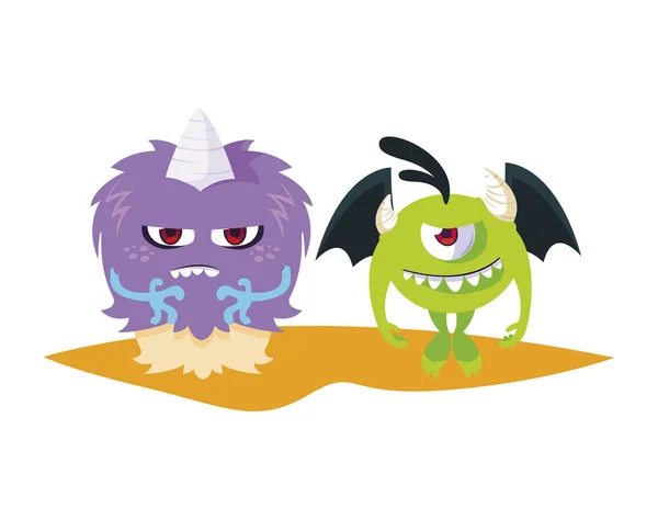 Engraçado monstros casal personagens cômicos coloridos — Vetor de Stock