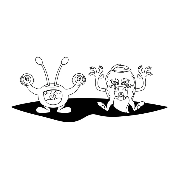 Divertidos monstruos pareja personajes cómicos monocromo — Vector de stock