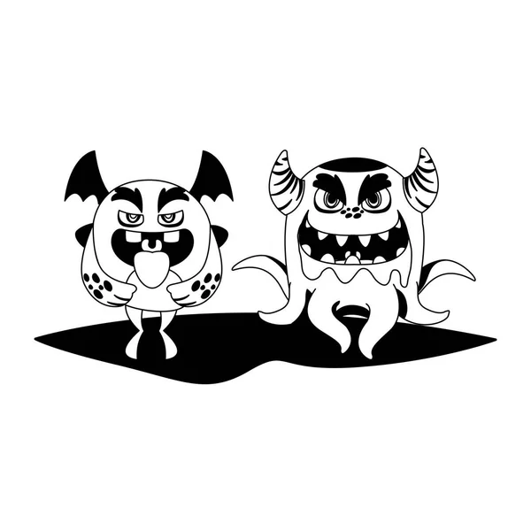Komik canavarlar çift çizgi roman karakterleri tek renkli — Stok Vektör