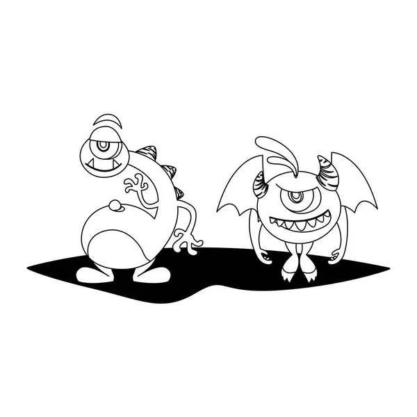 Lustige Monster paaren Comic-Figuren monochrom — Stockvektor