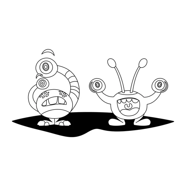 Divertidos monstruos pareja personajes cómicos monocromo — Vector de stock