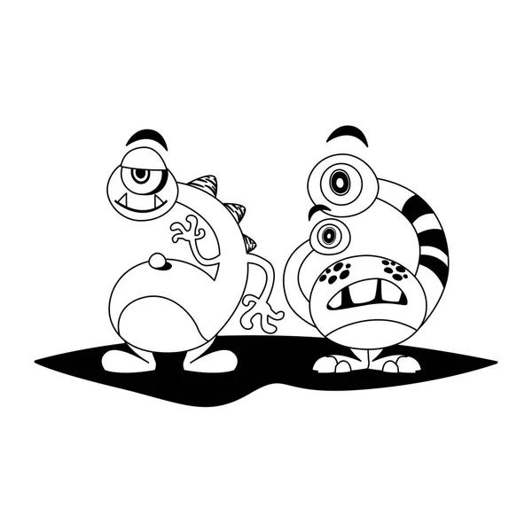 Divertidos monstruos pareja personajes cómicos monocromo — Vector de stock