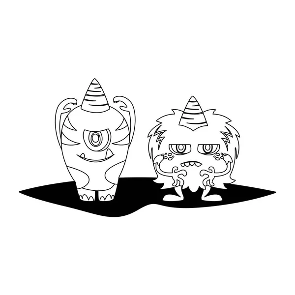 Divertidos monstruos pareja personajes cómicos monocromo — Vector de stock