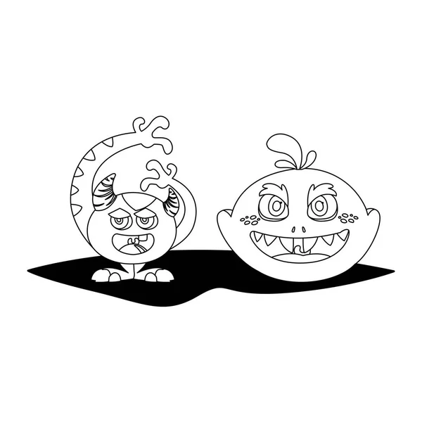 Divertidos monstruos pareja personajes cómicos monocromo — Vector de stock