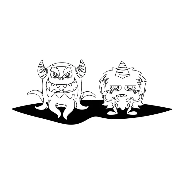Lustige Monster paaren Comic-Figuren monochrom — Stockvektor