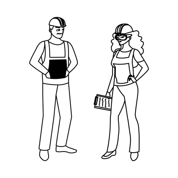 Couple de constructeurs constructeurs ouvriers personnages — Image vectorielle