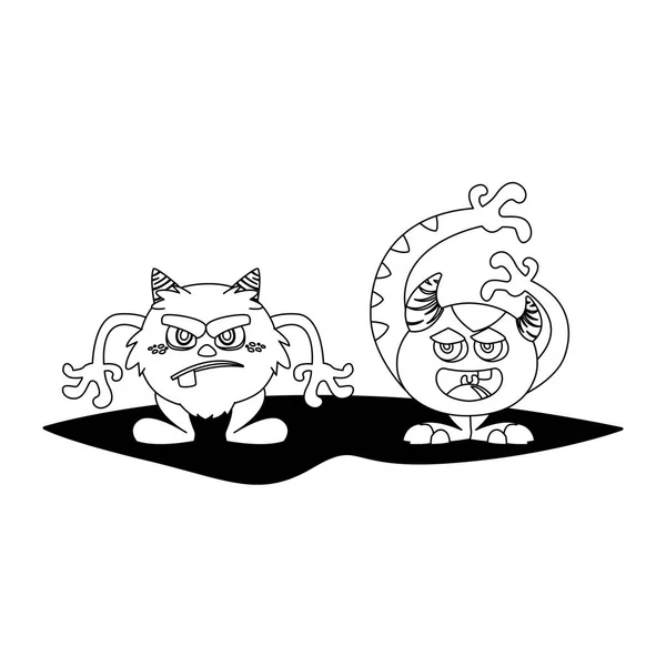 Divertidos monstruos pareja personajes cómicos monocromo — Vector de stock