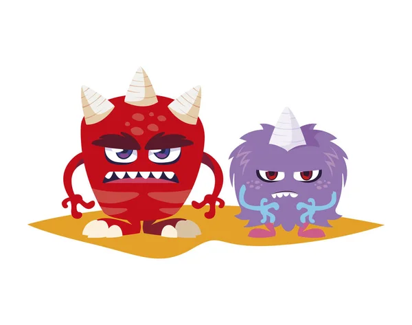 Lustige Monster paaren komische Charaktere bunt — Stockvektor